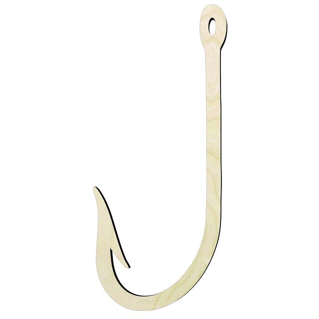 2"-20" Fish hook Wood Cutout - laser-cut Baltic birch wood cutout for craft projects