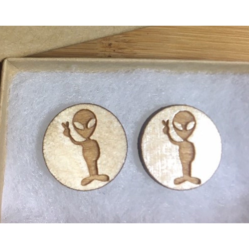 Alien Wood Stud Earrings- customizable - laser engraved Wood Cutout - laser-cut Baltic birch wood cutout for craft projects