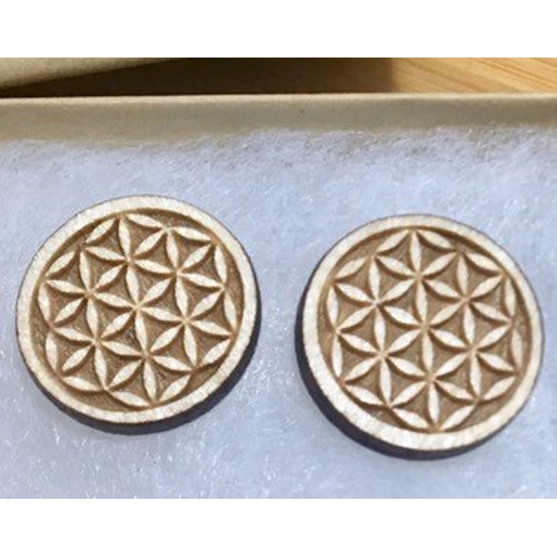 Flower of Life Wood Stud Earrings Wood Cutout - laser-cut Baltic birch wood cutout for craft projects