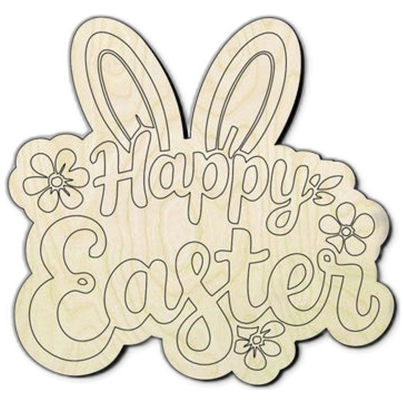 Happy Easter Wood Cutout Sign - Engraved with Bunny Ears - wood cutout by Growing Tree Gallery