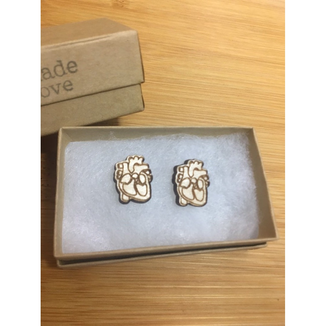 Human Heart Wood Stud Earrings Wood Cutout - laser-cut Baltic birch wood cutout for craft projects