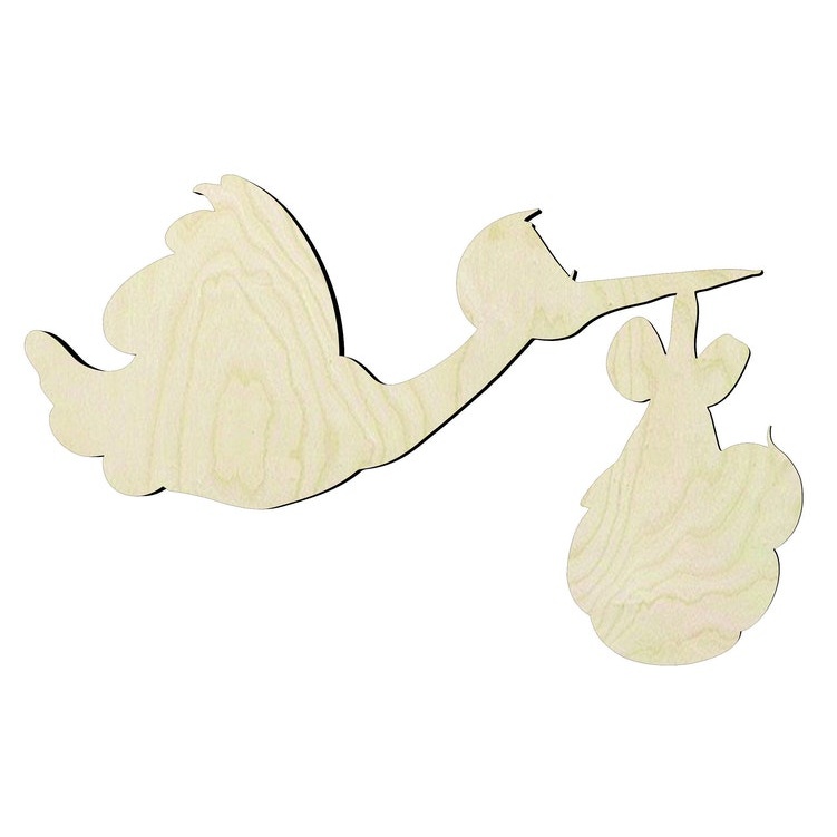 Stork Carrying Baby -Multiple Sizes Wood Cutout - wood cutout by Growing Tree Gallery